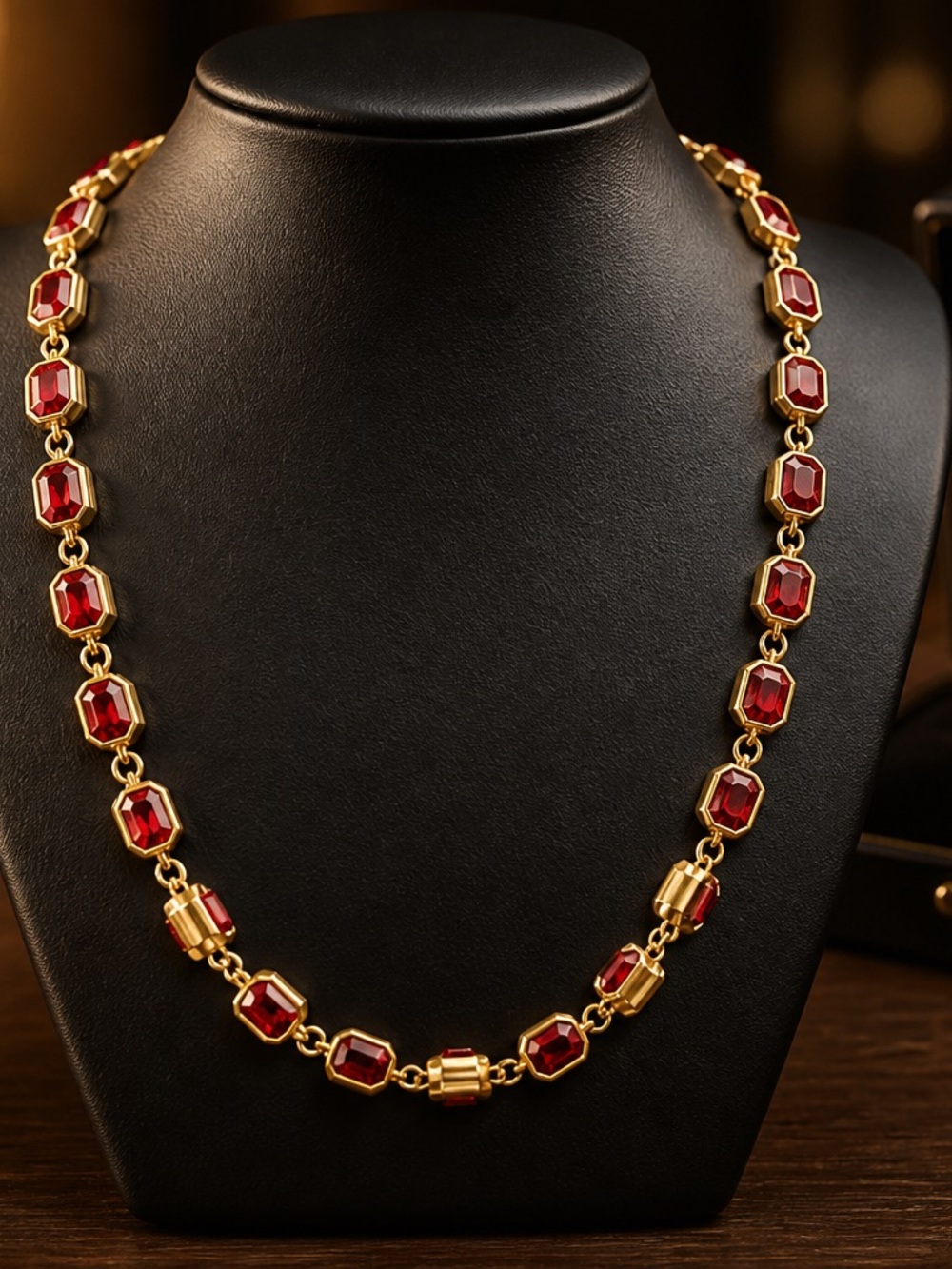 Gold-Plated Necklace with Red Faceted Stones